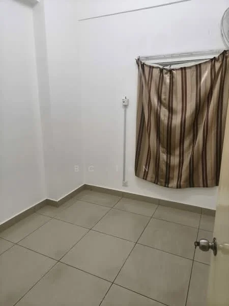 Room features: white painted walls, striped curtain, tile flooring, 1 wall-mounted split AC, single door, light switch, power outlet.