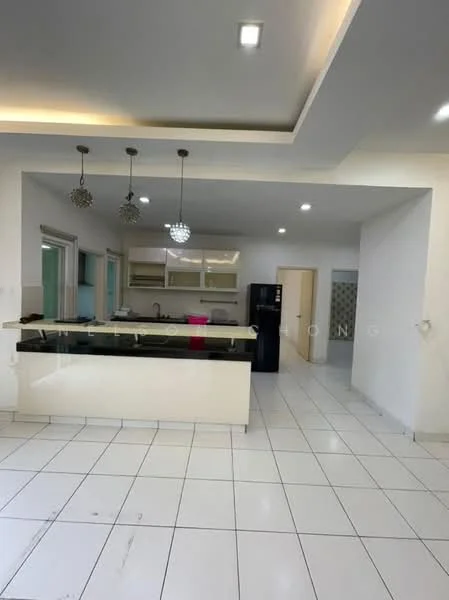 Kitchen features: white cabinetry, black countertop, island with seating, stainless-steel sink, chrome pull-down faucet, built-in oven, freestanding refrigerator, ceramic tile flooring, recessed downlights, pendant lights, open layout, large windows, neutral wall color; style: modern.