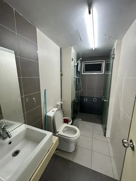 Bathroom features: single-sink vanity with white cabinet, chrome basin mixer faucet, framed mirror, two-piece toilet, walk-in shower with glass enclosure, rain shower head, tile cladding on walls, grey ceramic tile flooring, exhaust fan, window for natural light, LED ceiling lights; style: modern.