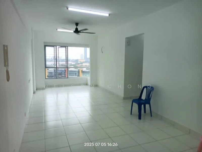 Living features: white painted walls, polished tile flooring, ceiling fan, large windows, city view, neutral color scheme, single blue plastic chair, LED ceiling lights; style: modern; view: city.