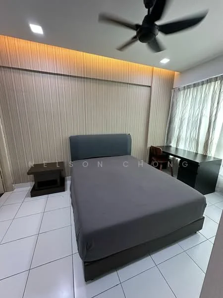 Bedroom features: king-size bed with grey bedding, wooden headboard, 2 bedside tables, desk with chair, floor-to-ceiling window with sheer curtains, white tiled flooring, recessed lighting, ceiling fan, wood panel accent wall; style: modern.