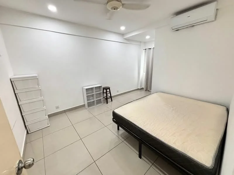 Bedroom features: white painted walls, tile flooring, ceiling fan, wall-mounted split AC, queen-size bed frame without mattress, white dresser, small wooden stool, curtains on window; style: minimalist.