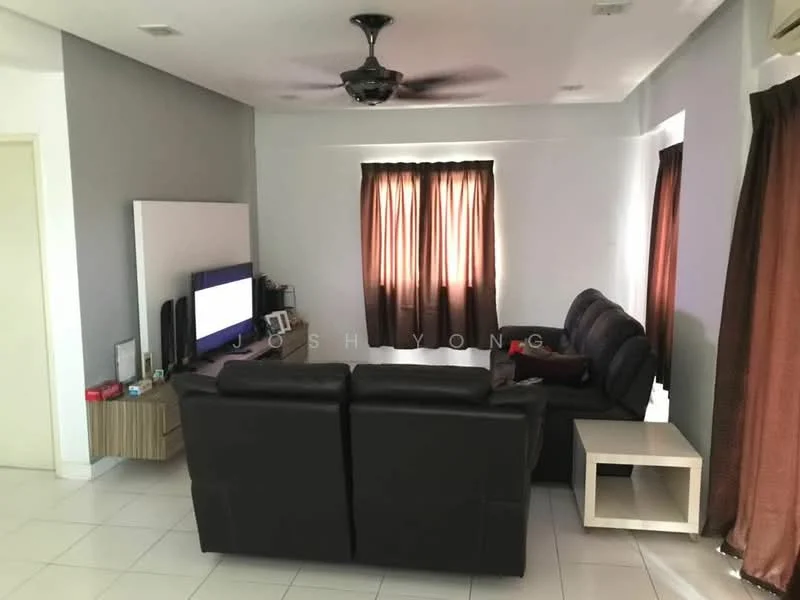 Living features: 3-seater leather sofa in black, 2-seater fabric sofa in grey, coffee table, TV console, wall-mounted TV, area rug, ceiling fan, recessed downlights, floor-to-ceiling windows, brown blackout curtains, white painted walls, tile flooring; style: modern.