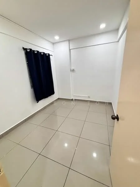 Room features: white painted walls, grey floor tiles, black curtains, recessed downlights, single door, no visible furniture; style: modern.