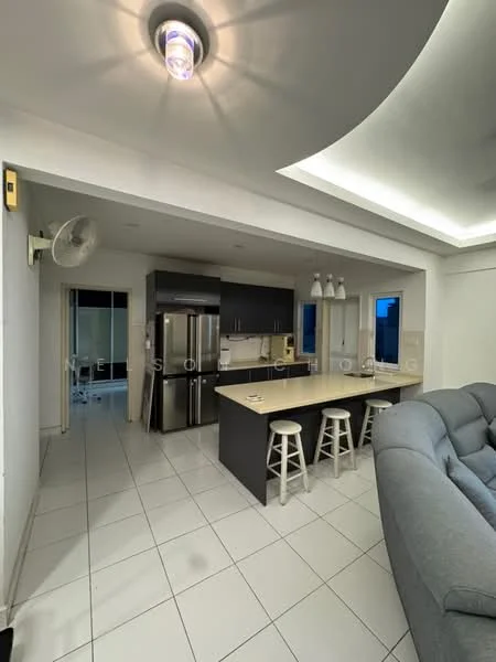 Kitchen features: white painted walls, recessed ceiling with LED lighting, marble tile flooring, kitchen island with breakfast bar, stainless-steel fridge, built-in oven, microwave, 3 pendant lights above island, grey cabinetry, bar stools, ceiling fan; style: modern. Living features: grey fabric sofa, open layout, natural light from windows; style: modern.