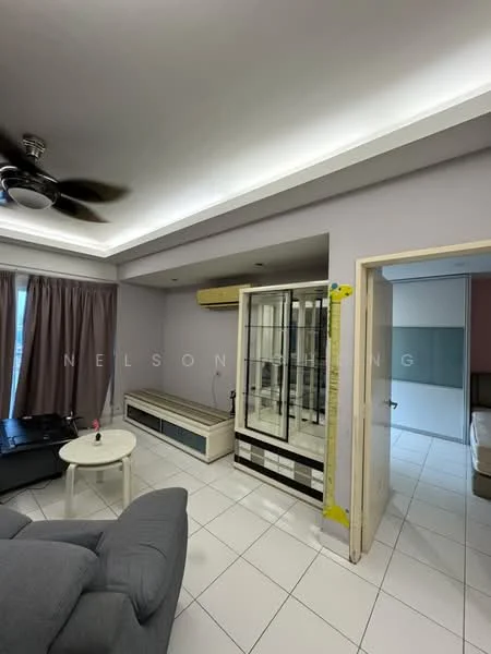 Living features: grey fabric sofa, white round coffee table, wall-mounted air conditioning unit, ceiling fan with light, white tiled flooring, curtains in grey, built-in display cabinet with glass doors, lighted ceiling with recessed lighting; style: modern. Room features: doorway leading to another room, light grey painted walls.