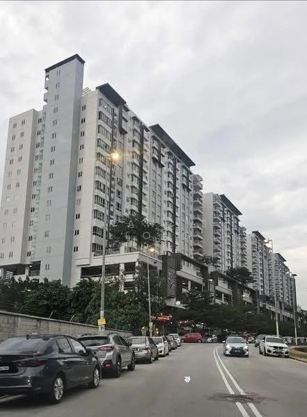 Exterior type: mid-rise condominium; features: grey painted facade, multiple storeys, balconies on upper floors, large windows, landscaped greenery at base, street view with parked cars, street lighting, sidewalk, urban setting; style: modern.