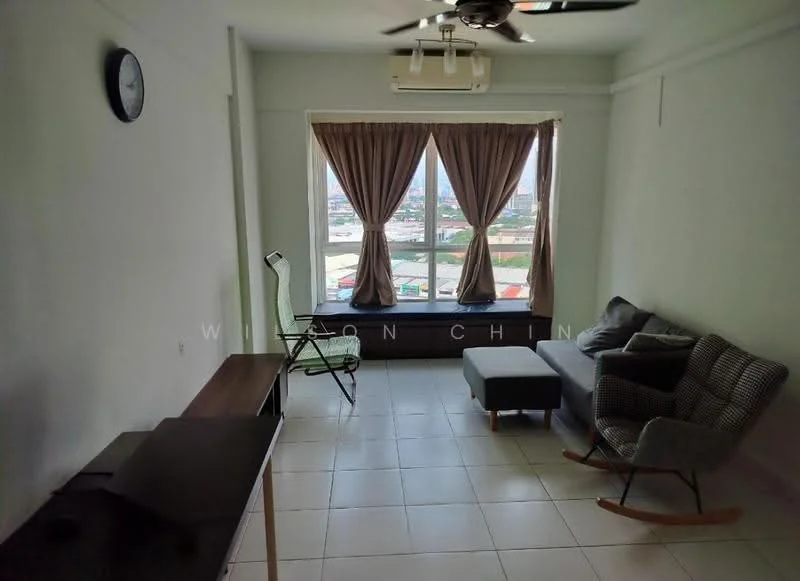Living features: white painted walls, tile flooring, 5-blade ceiling fan with light, floor-to-ceiling windows, sheer curtains, grey fabric sofa, coffee table, wooden side table, wall clock, study desk, chair; style: modern; view: city.