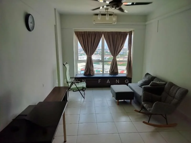 Living features: white painted walls, tile flooring, 5-blade ceiling fan with light, floor-to-ceiling windows, sheer curtains, rocking chair, grey fabric sofa, ottoman, wooden TV console, wall clock; style: modern; view: city.