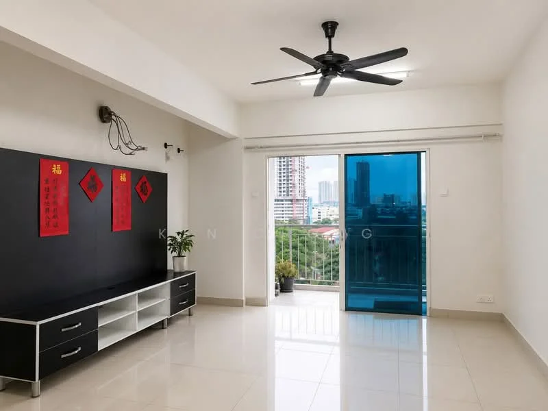 Living features: white painted walls, glossy tile flooring, 5-blade ceiling fan with light, sliding glass door, balcony access, TV console with storage, decorative wall art, city view from window; style: modern; view: city.