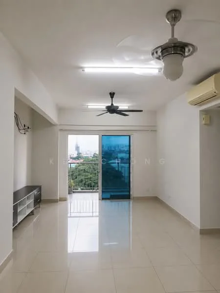 Living features: white painted walls, glossy ceramic tile flooring, 5-blade ceiling fan with light, wall-mounted air conditioning unit, sliding glass door, floor-to-ceiling windows, TV console, natural light from balcony, open layout; style: modern; view: city.