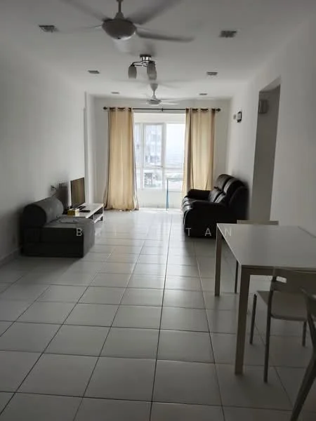 Living features: white painted walls, tile flooring, 5-blade ceiling fan, 2-seater leather sofa in dark brown, 3-seater fabric sofa in grey, TV console, wall-mounted TV, curtains in beige, large window with city view, dining table with 4 chairs; style: modern; view: city.