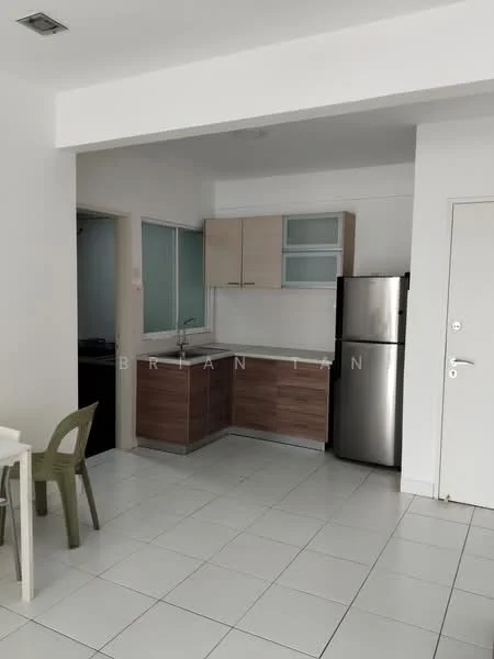 Kitchen features: white painted walls, ceramic tile flooring, laminate cabinetry in light wood, stainless-steel fridge, single-bowl stainless-steel sink, chrome pull-down faucet, countertop with laminate finish, kitchen cabinets with glass fronts, open layout to dining area; style: modern.