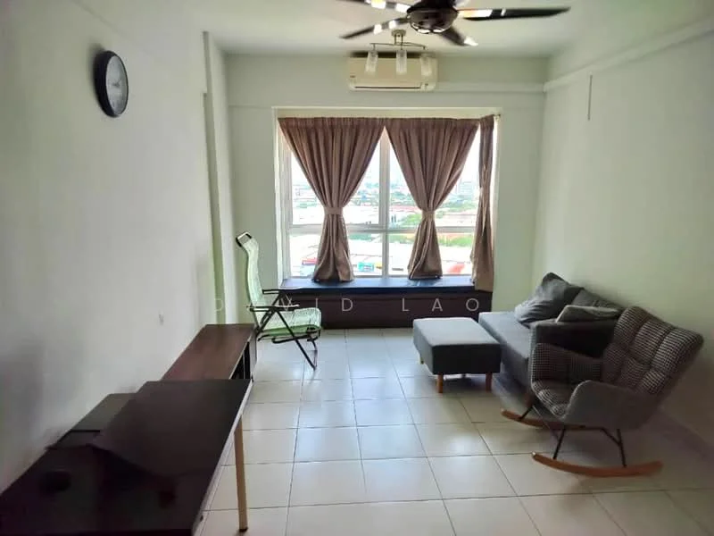 Living features: grey fabric sofa, ottoman, rocking chair, wooden coffee table, floor-to-ceiling windows, sheer curtains, air conditioning unit, ceiling fan with light, white painted walls, tile flooring, wall clock; style: modern; view: city.