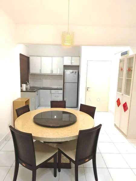 Dining features: round dining table with lazy Susan, 4 upholstered dining chairs, white painted walls, tile flooring, pendant light fixture, built-in cabinetry, stainless-steel fridge, kitchen cabinetry, kitchen countertop, open layout to kitchen; style: modern.