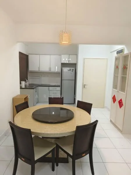 Dining features: round dining table with marble top, 4 upholstered dining chairs, pendant lamp, white painted walls, tile flooring, built-in cabinetry, stainless-steel fridge, kitchen cabinetry, countertop, kitchen sink, microwave; style: modern. Kitchen features: stainless-steel fridge, built-in oven, microwave, kitchen cabinetry, countertop, kitchen sink, tile flooring, white painted walls; style: modern.