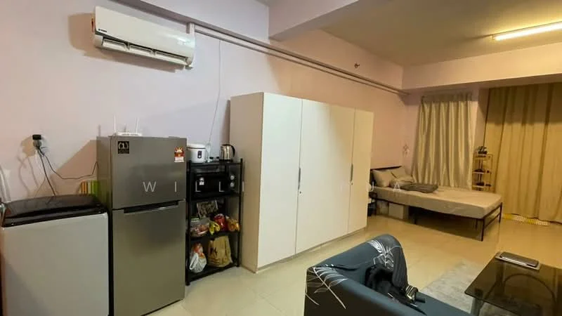 Living features: wall-mounted split AC, grey fridge, black microwave, white wardrobe, single bed with mattress, beige curtains, light-coloured tiled flooring, black sofa, coffee table, open shelving, decorative wall art; style: modern.