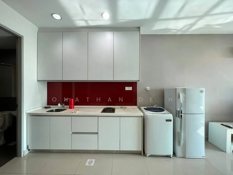 Kitchen features: white cabinetry, red backsplash, single-bowl stainless-steel sink, chrome pull-down faucet, built-in stove, built-in oven, white refrigerator, washing machine, countertop space, tile flooring, recessed downlights; style: modern.