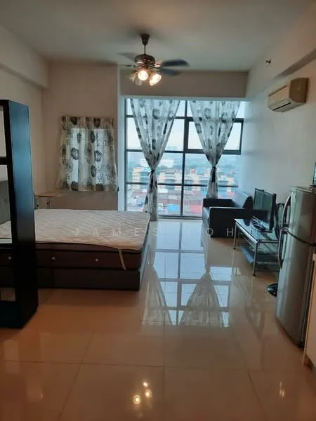 Room features: large floor-to-ceiling windows, white painted walls, cream tiled flooring, 5-blade ceiling fan with light, sheer curtains, blackout curtains, double bed frame without mattress, sofa, TV console, wall-mounted TV, refrigerator, dining table, air conditioning unit; style: modern; view: city.