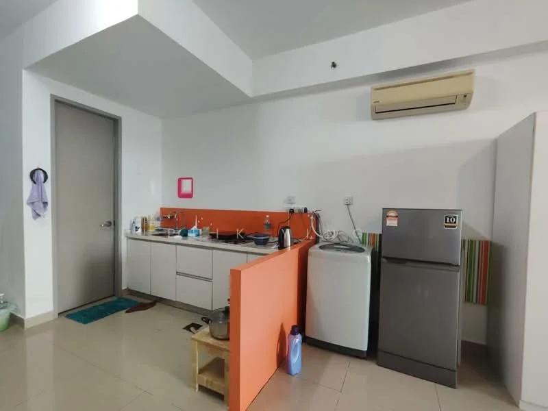 Kitchen features: white cabinets, orange backsplash, stainless-steel sink, chrome pull-down faucet, built-in stove, refrigerator, washing machine, wall-mounted air conditioning unit, tile flooring, countertop, kitchen utensils, dish rack; style: modern.