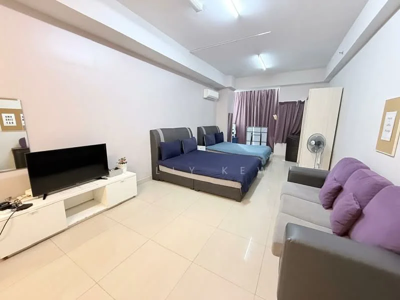 Living features: two single beds with grey upholstered headboards, sofa with grey upholstery and purple cushions, white TV console, flat-screen TV, floor fan, cream tiled flooring, light purple painted walls, curtains in dark purple, air conditioning unit on wall, built-in wardrobe, ceiling lights; style: modern.