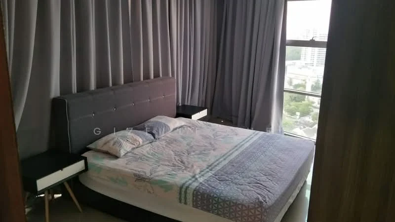 Bedroom features: king-size bed, upholstered headboard, bedside tables with drawers, floor-to-ceiling windows, grey curtains, decorative bedding with pattern, laminate flooring, city view; style: modern; view: city.