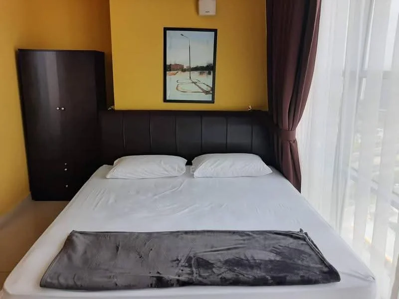 Bedroom features: queen-size bed, upholstered headboard, white bedding, grey throw blanket, wooden bedside cabinet, framed artwork on wall, floor-to-ceiling windows with sheer curtains, yellow painted walls, tile flooring; style: modern; view: city.