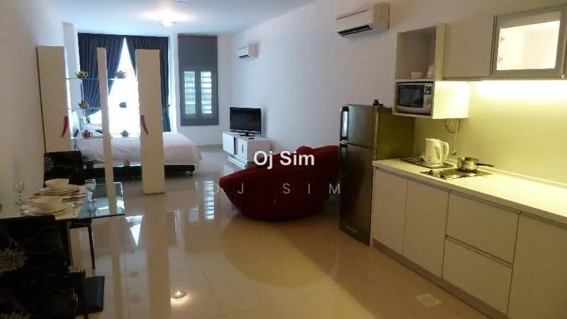 Living features: cream painted walls, glossy tile flooring, sofa in red, coffee table, wall-mounted TV, TV console, floor-to-ceiling windows, sheer curtains, air conditioning unit, decorative plants, dining table for two, kitchenette with cabinets, stainless-steel fridge, microwave, kitchen sink; style: modern. Bedroom features: queen-size bed, white bedding, bedside lamps, window with sheer curtains, air conditioning unit; style: modern.