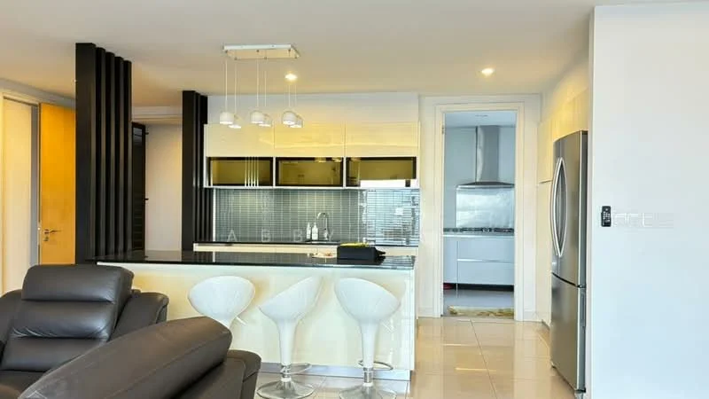 Kitchen features: black granite countertop, stainless-steel fridge, built-in oven, ceramic tile flooring, white cabinetry, glass tile backsplash, 3 pendant lights, bar seating with white stools, open layout, wall-mounted cabinets, sink, modern faucet; style: modern.