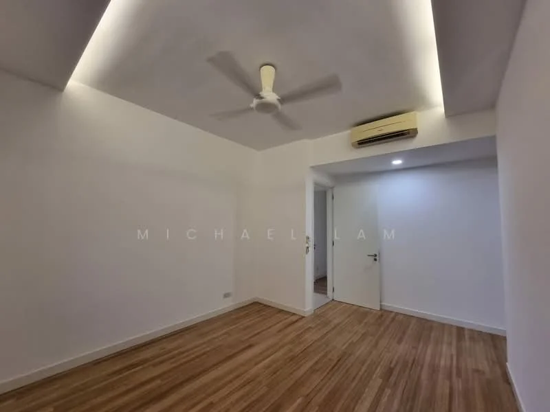 Room features: white painted walls, wooden flooring, 5-blade ceiling fan, recessed LED downlights, wall-mounted air conditioning unit, doorway leading to another room, natural light from doorway; style: modern.