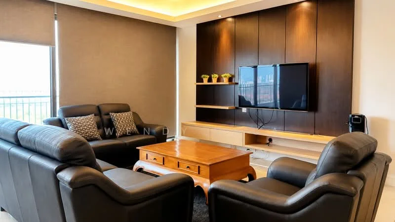 Living features: black leather sofa set, coffee table with wooden finish, wall-mounted TV, wooden TV console, decorative plants on shelf, recessed ceiling lights, grey accent wall, large windows with roller blinds; style: modern; view: city.