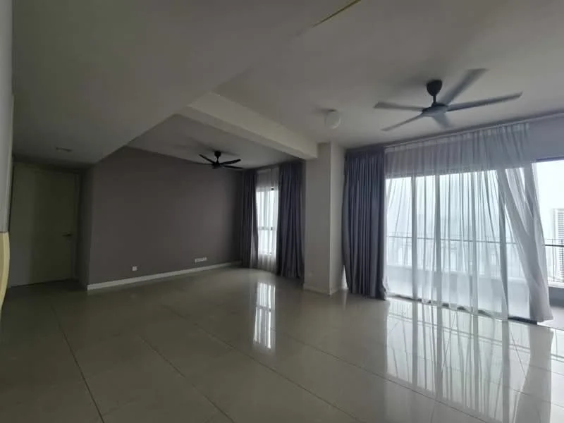 Living features: light grey painted walls, white ceiling, floor-to-ceiling windows, sheer curtains, dark grey curtains, 2 ceiling fans, polished tile flooring, open layout; style: modern; view: city.