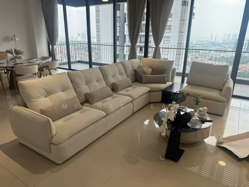 Living features: L-shape sectional sofa in white fabric, coffee table with round glass top, floor-to-ceiling windows, curtains in light beige, tile flooring, decorative vase on coffee table, area rug, city view visible through windows; style: modern; view: city.
