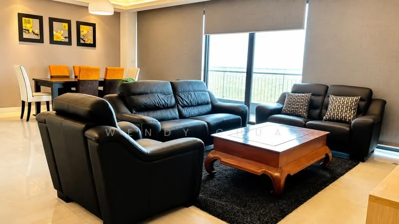 Living features: black leather sofa, 3-seater sofa, 2-seater sofa, wood coffee table, area rug in black, floor-to-ceiling windows, curtains, wall-mounted artwork, recessed ceiling lights, tile flooring, dining area visible in background, dining table with 6 chairs; style: modern; view: city.