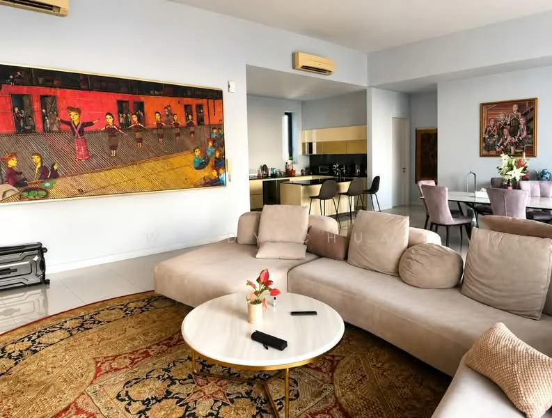Living features: L-shape sectional sofa in beige, round coffee table, area rug with geometric pattern, framed artwork on wall, wall-mounted air conditioning unit, light-colored painted walls, large window with natural light, decorative flower arrangement; style: modern. Kitchen features: kitchen cabinetry in light color, black countertop, stainless-steel appliances, open layout to living area; style: modern.