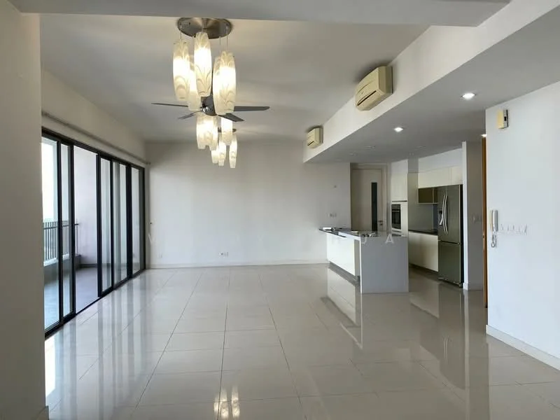 Living features: large floor-to-ceiling windows, sliding glass door, 5-blade ceiling fan with integrated LED light, white painted walls, polished ceramic tile flooring, open-plan layout, recessed downlights, kitchen island with breakfast bar, stainless-steel refrigerator, built-in oven, freestanding range oven, microwave, countertop with white cabinetry, neutral color palette; style: modern; view: city.