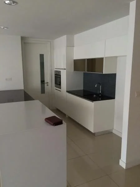 Kitchen features: white cabinetry, black countertop, built-in oven, stainless-steel sink, chrome faucet, tile backsplash, ceramic tile flooring, recessed downlights, sliding door, open layout; style: modern.