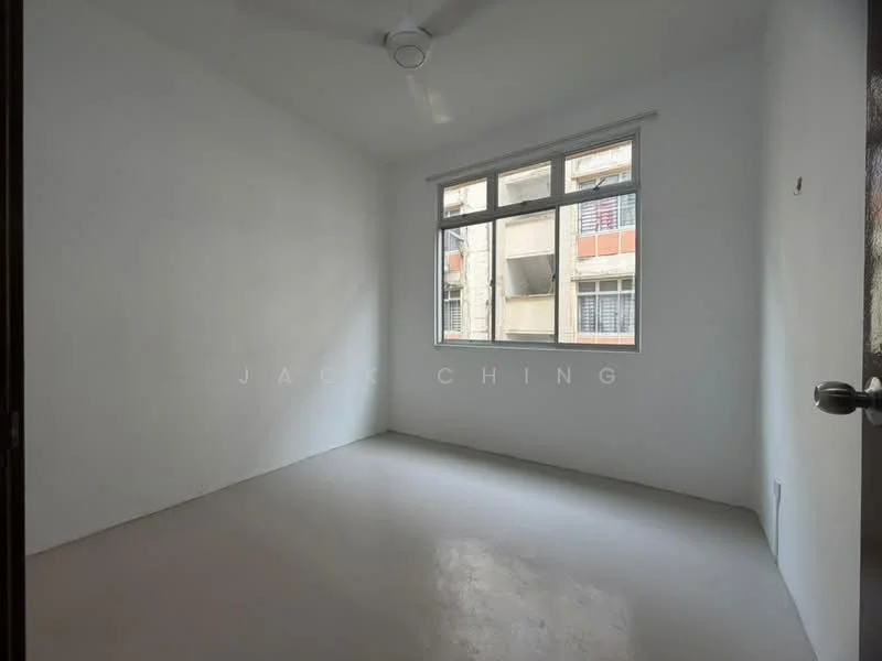 Room features: white painted walls, plain concrete flooring, ceiling fan, large windows, natural light from outside, no visible furniture, minimalist decor; style: minimalist; view: courtyard.