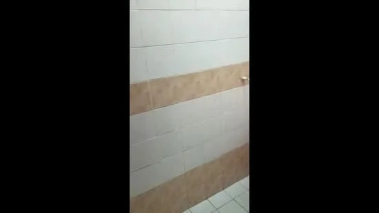 Bathroom features: white tiled walls, beige accent tiles, ceramic tile flooring, shower area, single towel rack, light fixture, toilet roll holder, mirror.