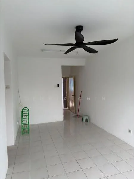Room features: white painted walls, glossy tile flooring, 5-blade ceiling fan in black, doorway leading to another room, green metal shelving unit, small green stool, clean and uncluttered space; style: minimalist.