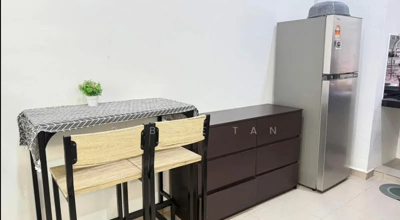 Kitchen features: stainless-steel fridge, wooden dining table with two stools, dark wood storage cabinet, white walls, tile flooring, countertop, small decorative plant; style: modern.