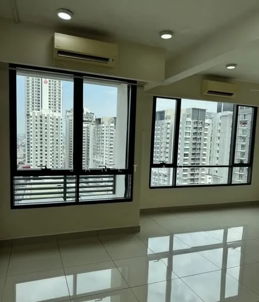 Room features: floor-to-ceiling windows, city view, 2 wall-mounted split ACs, white painted walls, polished tile flooring, recessed downlights; style: modern; view: city.