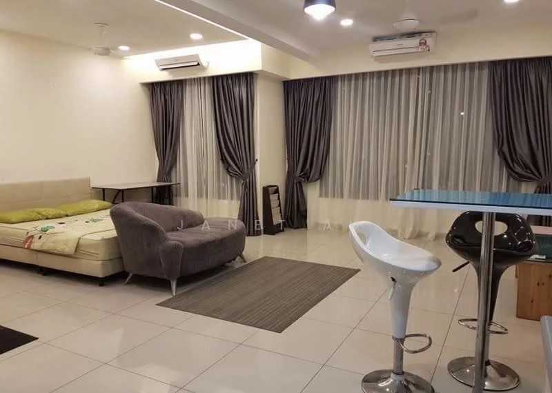 Living features: cream painted walls, white ceiling, recessed downlights, 5-blade ceiling fan, floor-to-ceiling windows with sheer curtains, grey area rug, 2-seater fabric sofa in beige, armchair in grey, bar table with high stools, tile flooring; style: modern.
