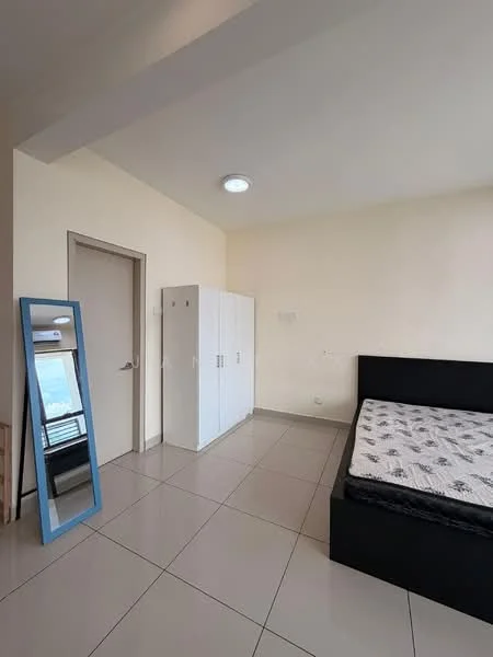 Bedroom features: queen-size bed, black bed frame, white wardrobe with sliding doors, full-length mirror, tile flooring, plain white walls, ceiling light fixture, window with city view; style: modern; view: city.