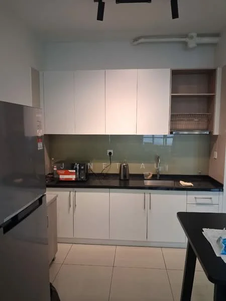 Kitchen features: white flat-panel cabinets, black granite countertop, glass backsplash, stainless-steel fridge, built-in oven, electric kettle, toaster, single-bowl stainless-steel sink, chrome pull-down faucet, tile flooring, under-cabinet lighting, open shelving; style: modern.