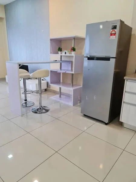 Kitchen features: stainless-steel fridge, bar counter with two stools, open shelving unit, white cabinetry, ceramic tile flooring, light grey accent wall, countertop, recessed lighting; style: modern.