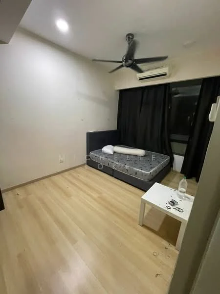 Bedroom features: wooden flooring, white painted walls, black curtains, ceiling fan, wall-mounted split AC, queen-size bed with mattress, white side table, bottle of water on table, large window, minimalist decor; style: modern.