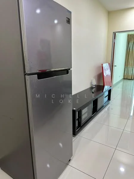 Room features: stainless-steel fridge, black handle, white painted walls, glossy tile flooring, black TV console, glass surface on TV console, curtains, doorway leading to another room; style: modern.