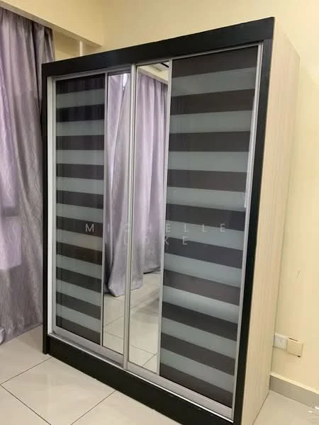 Room features: sliding wardrobe with mirrored doors, striped glass panels, light wood finish, floor tiles, curtains in grey, neutral wall color; style: modern.