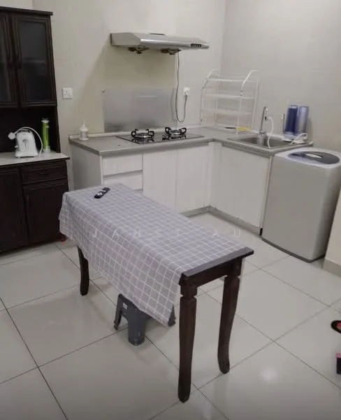 Kitchen features: white cabinetry, grey countertop, stainless-steel sink, chrome faucet, 2-burner gas hob, exhaust hood, white tiled backsplash, washing machine, grey tiled flooring, wooden table, grey tablecloth, kitchen utensils, dish rack; style: modern.